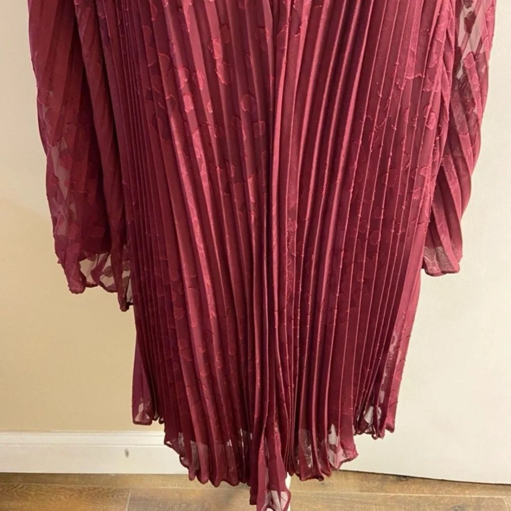 Anthropologie Wine Pleated High-Low Bell-Sleeve Dress Medium